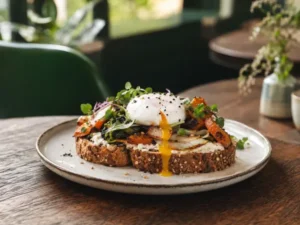 Surdegsmacka med pocherat ägg och grönsaker