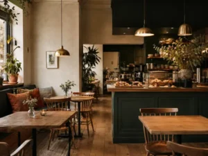 Mysig caféinteriör med gröna detaljer