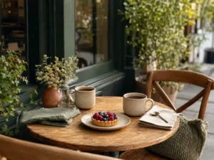 Fika utomhus med kaffe och bärtarte