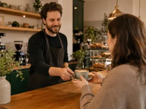 Barista serverar cappuccino till kund